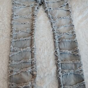 Men's Stacked Stone Wash Gray Bootcut Flared Jeans with Distress SZ:32 Inseam:36